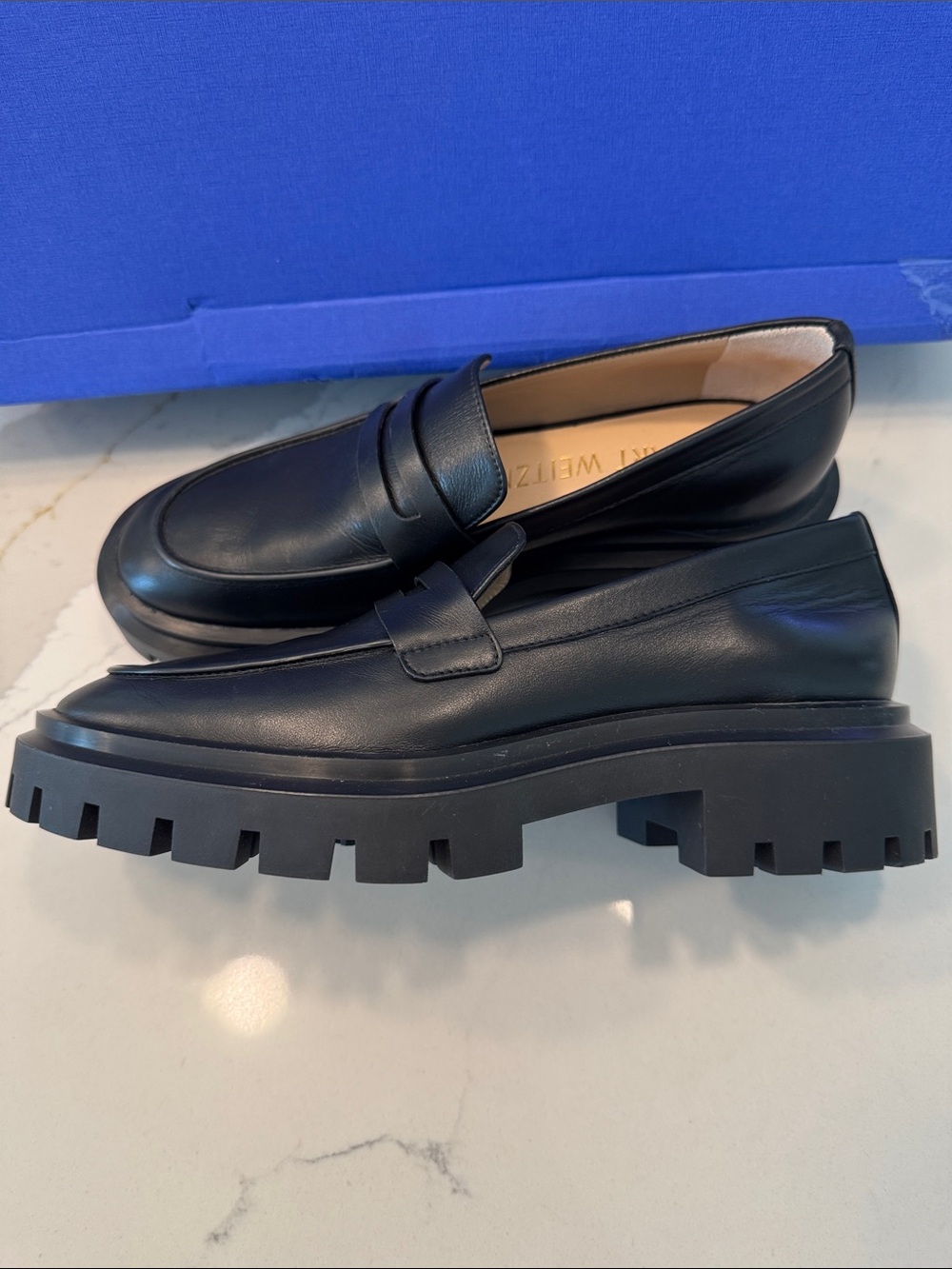 Stuart Weitzman Black Leather Penny Loafers with Lug Sole 11 NEW - Picture 9 of 9